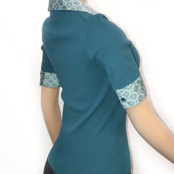 90s LOFT Knit Short Sleeve Top Satin layered Twofer Teal Burgundy size XS - Picture 5 of 10